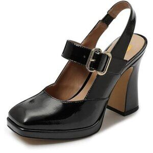 FYS Women's Platform Square Toe Pumps Chunky Block High Heel Mary Janes Navy